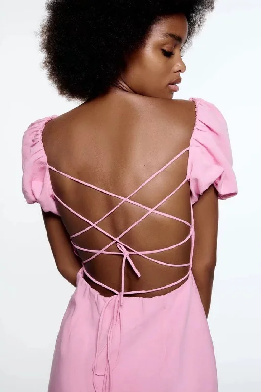 Breezy Ruched Square Neck Puff Sleeve Lace Up Back Party Mini Dress - Pink Cozy Wraparound Mini Dress Breezy Ruched Square Neck Puff Sleeve Lace Up Back Party Mini Dress - Pink Cozy Wraparound Mini Dress