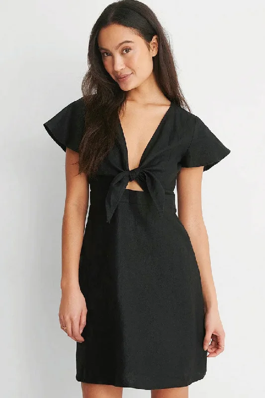 Chic V Neck Bow Tie Front Short Sleeve Beach Vacation Mini Dress - Black Comfortable Polka Dot Mini Dress Chic V Neck Bow Tie Front Short Sleeve Beach Vacation Mini Dress - Black Comfortable Polka Dot Mini Dress