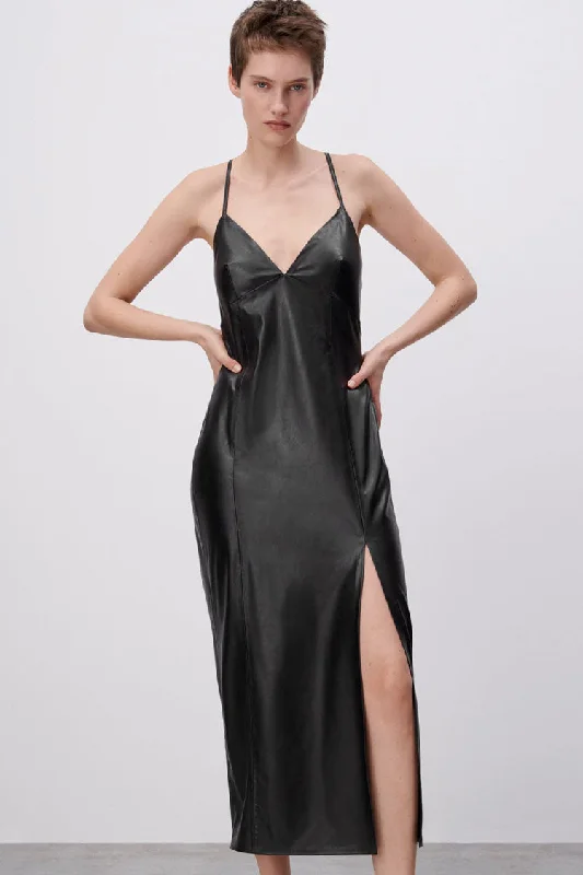 Chic V Neck Vegan Leahter High Split Slip Midi Dress - Black Elegant Satin Slip Midi Dress Chic V Neck Vegan Leahter High Split Slip Midi Dress - Black Elegant Satin Slip Midi Dress