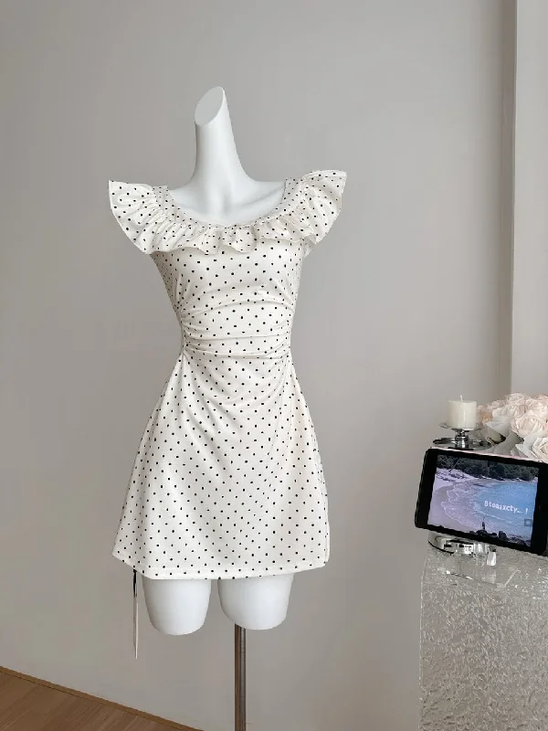 Cinched Wais Polka-Dot Ruffled Mini Dress Comfortable One-Shoulder Mini Dress