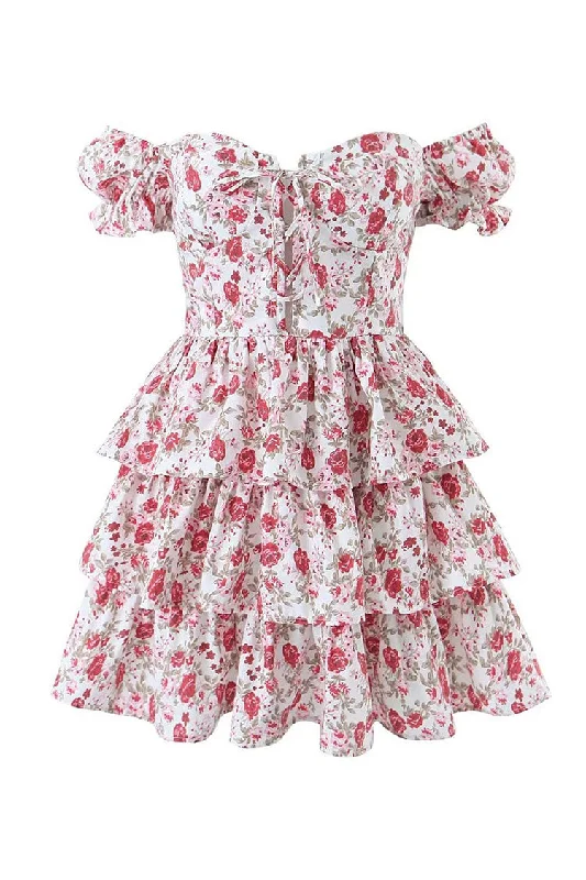 Cute Rose Printed Lace Up Front Puff Sleeve Layered Ruffle Party Mini Dress Trendy Lace Mini Dress Cute Rose Printed Lace Up Front Puff Sleeve Layered Ruffle Party Mini Dress Trendy Lace Mini Dress
