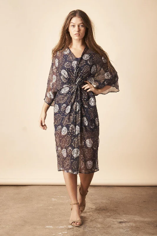 Dancing Umbrellas Twisted Midi Dress in Navy + Metallic Comfortable Ruched Midi Dress Dancing Umbrellas Twisted Midi Dress in Navy + Metallic Comfortable Ruched Midi Dress