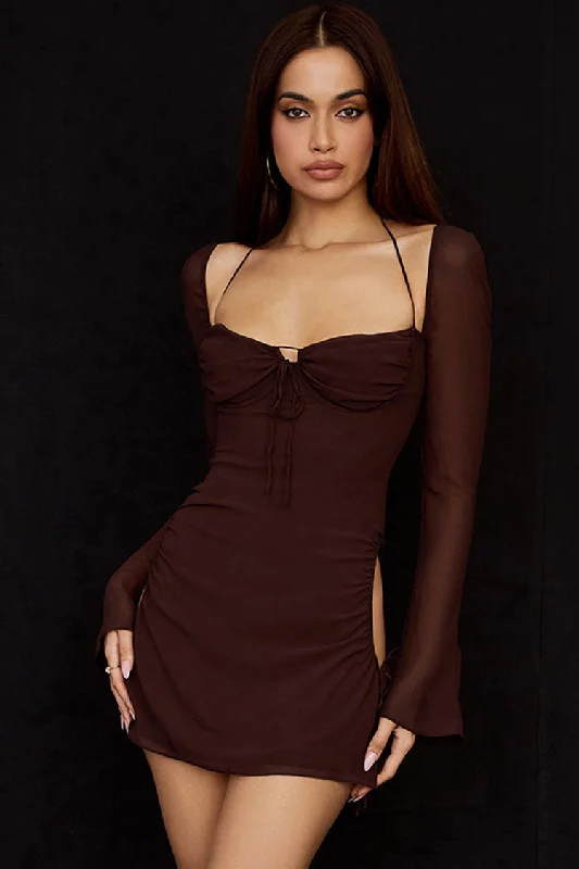 Darling Halter Neck Long Sleeve Cutout Club Mini Dress - Chocolate Cozy Knitted Mini Dress Darling Halter Neck Long Sleeve Cutout Club Mini Dress - Chocolate Cozy Knitted Mini Dress