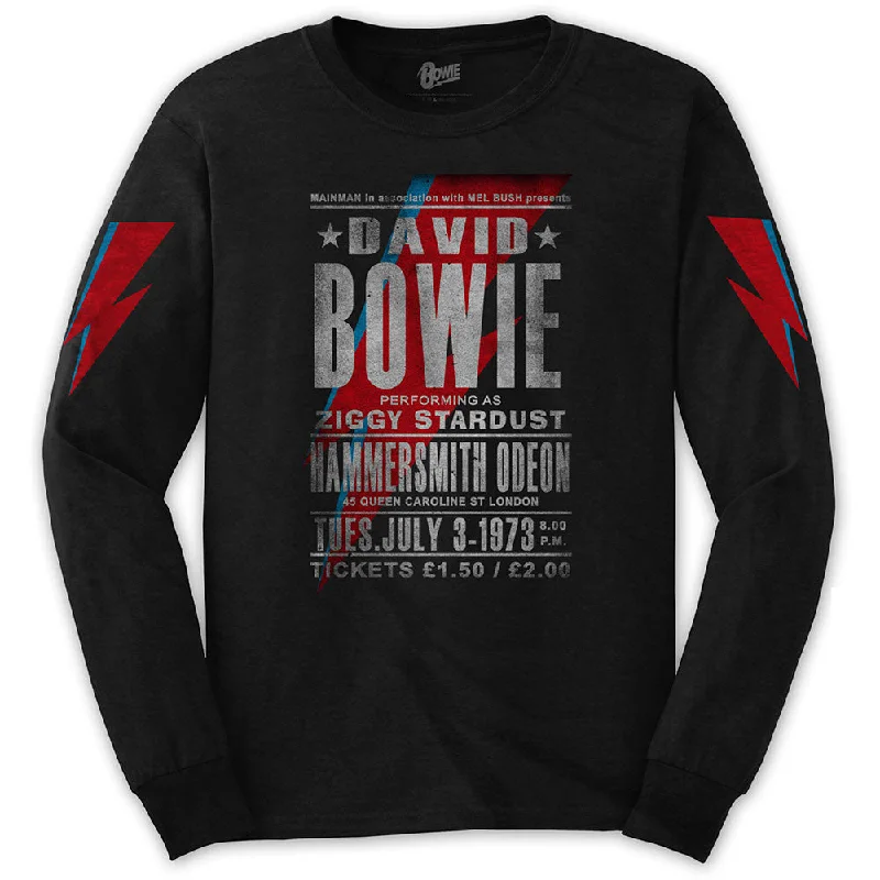 David Bowie Unisex Long Sleeved T-Shirt: Hammersmith Odeon (Arm Print) Notch Collar Peter Pan Collar Cowl Neck David Bowie Unisex Long Sleeved T-Shirt: Hammersmith Odeon (Arm Print) Notch Collar Peter Pan Collar Cowl Neck