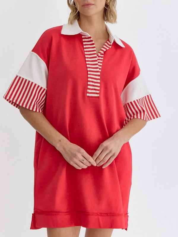 Emma's Cotton Striped Solid Color Polo Lapel Loose T-Shirt Mini Dress Solid Print Embellished Emma's Cotton Striped Solid Color Polo Lapel Loose T-Shirt Mini Dress Solid Print Embellished