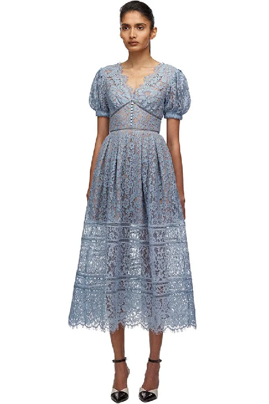 Eyelash V Neck Puff Sleeve French Lace A-Line Midi Dress - Sky Blue Trendy Bodycon Midi Dress Eyelash V Neck Puff Sleeve French Lace A-Line Midi Dress - Sky Blue Trendy Bodycon Midi Dress