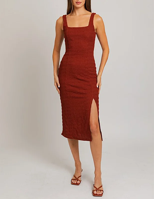 Farrah Red Clay Textured Midi Dress Trendy Fit-and-Flare Midi Dress