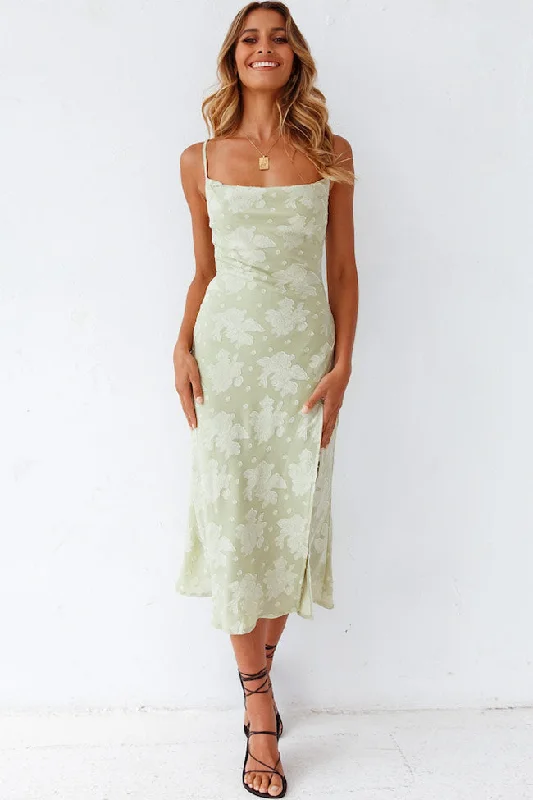 Floral Cowl Neck High Slit Slip Midi Dress - Sage Green Trendy Smocked Waist Midi Dress Floral Cowl Neck High Slit Slip Midi Dress - Sage Green Trendy Smocked Waist Midi Dress