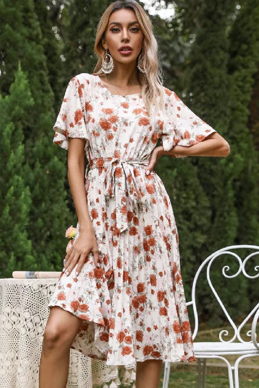 Flowy Round Neck Short Sleeve Pleated Floral Printed Midi Dress - White Fashionable Plaid Midi Dress Flowy Round Neck Short Sleeve Pleated Floral Printed Midi Dress - White Fashionable Plaid Midi Dress