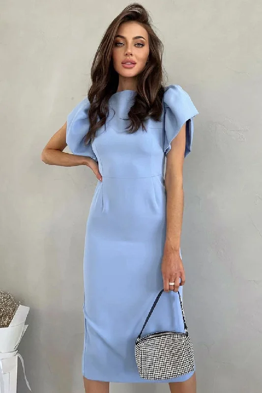 French Crew Neck Puff Sleeve Split Bodycon Cocktail Party Midi Dress - Blue Elegant Pleated Detail Midi Dress French Crew Neck Puff Sleeve Split Bodycon Cocktail Party Midi Dress - Blue Elegant Pleated Detail Midi Dress