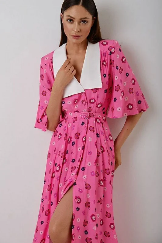 French Spread Collar Short Sleeve Button Down Floral Midi Dress - Pink Elegant V-Neck Midi Dress French Spread Collar Short Sleeve Button Down Floral Midi Dress - Pink Elegant V-Neck Midi Dress