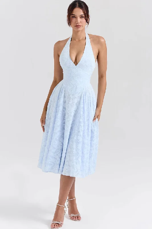 French Style Plunge Drop Waist Jacquard Floral Vacation Halter Midi Dress Comfortable Knitwear Midi Dress French Style Plunge Drop Waist Jacquard Floral Vacation Halter Midi Dress Comfortable Knitwear Midi Dress