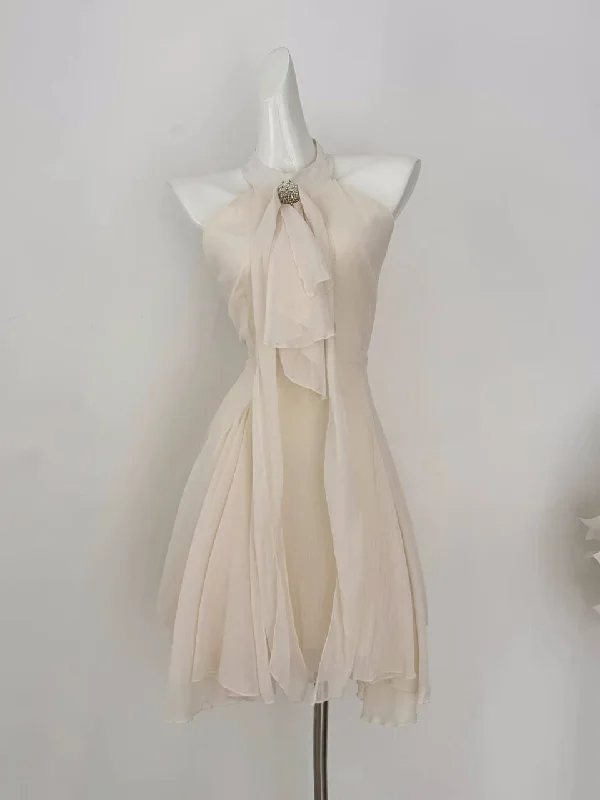 Front Bow Halter Neck Chiffon Mini Dress Fashionable Mini Dress with Pockets