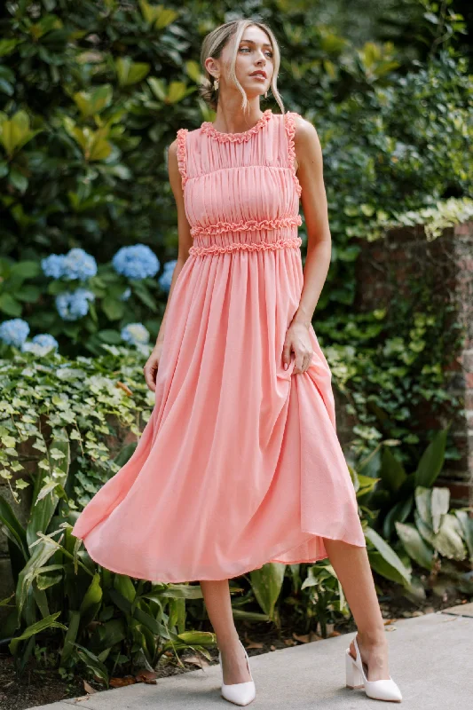 Graceful Gathering Pink Coral Sleeveless Midi Dress Comfortable Ruched Midi Dress