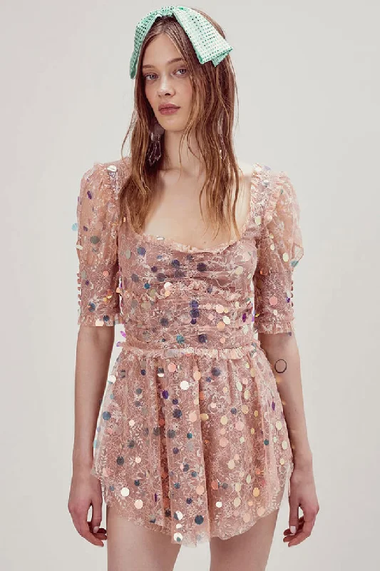 Iridescent Sequin Puff Sleeve Frilly Lace Mini Dress - Pink Stylish Ruffle Mini Dress Iridescent Sequin Puff Sleeve Frilly Lace Mini Dress - Pink Stylish Ruffle Mini Dress