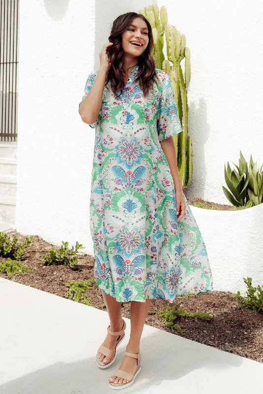 Jaime Blue Paisley Midi Dress Elegant V-Neck Midi Dress