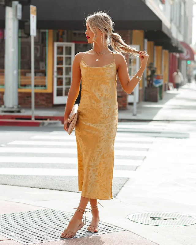 Janene Satin Cowl Neck Midi Dress - Golden Yellow - FINAL SALE Stylish Midi Dress with Cuffs Janene Satin Cowl Neck Midi Dress - Golden Yellow - FINAL SALE Stylish Midi Dress with Cuffs
