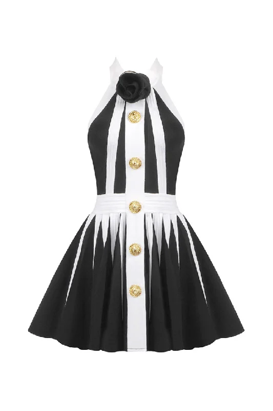 Luxury Black and White Bandage Godet Rosette Halter Skater Party Mini Dress Stylish Button-Down Mini Dress Luxury Black and White Bandage Godet Rosette Halter Skater Party Mini Dress Stylish Button-Down Mini Dress