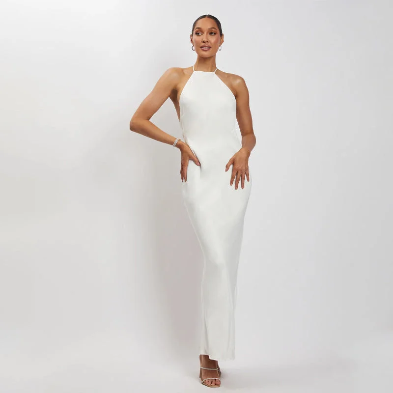 Melise Satin Halter Midi Dress - Champagne Fashionable Casual Midi Dress