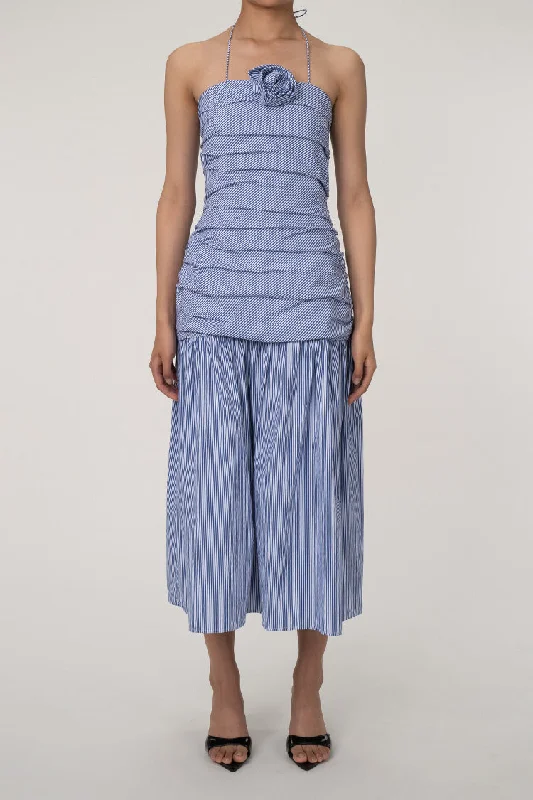 Nautical Striped Rosette Halter Plea Drop Waist Beach Vacation Midi Dress Comfortable Adjustable Strap Midi Dress Nautical Striped Rosette Halter Plea Drop Waist Beach Vacation Midi Dress Comfortable Adjustable Strap Midi Dress