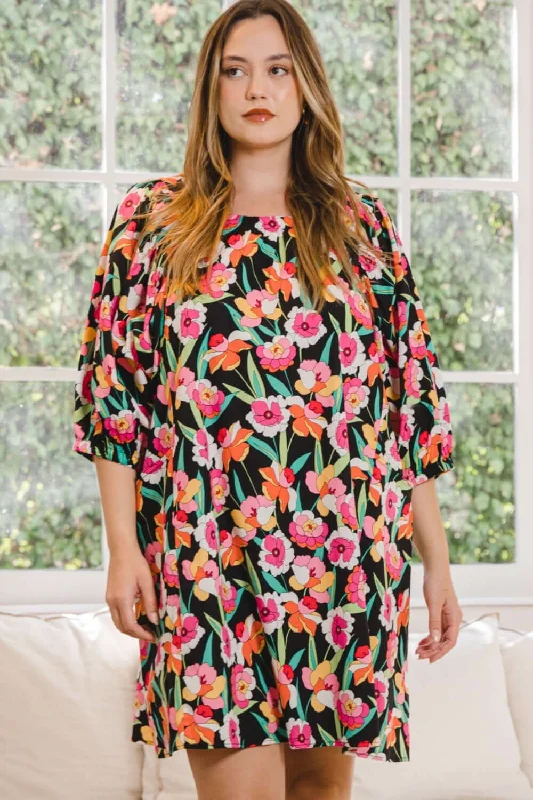 Floral Puff Sleeve Mini Dress Comfortable Fit-and-Flare Mini Dress