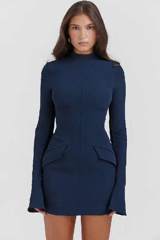 OL Mock Neck Bell Sleeve Flap Pocket Bodycon Party Mini Dress - Navy Blue Chic Tropical Mini Dress OL Mock Neck Bell Sleeve Flap Pocket Bodycon Party Mini Dress - Navy Blue Chic Tropical Mini Dress