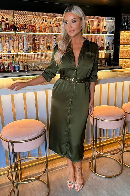 Olive Satin Belted 3/4 Sleeve Gold Buttons Shirt Midi Dress Stylish Wraparound Midi Dress Olive Satin Belted 3/4 Sleeve Gold Buttons Shirt Midi Dress Stylish Wraparound Midi Dress
