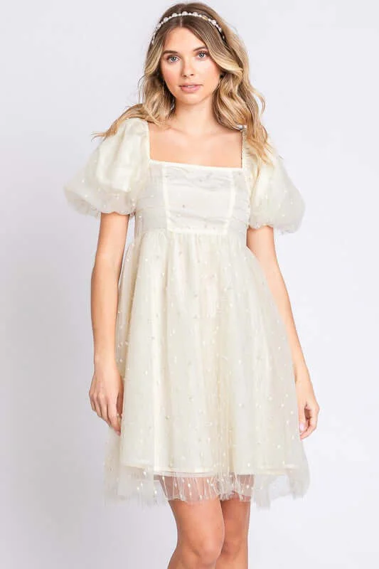 Pearl Mesh Babydoll Mini Dress Classic Solid Mini Dress
