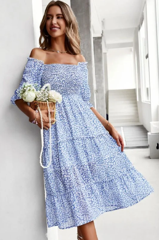 Prairie Off Shoulder Smocked Floral Printed Boho Chic Midi Dress - Blue Stylish Striped Midi Dress Prairie Off Shoulder Smocked Floral Printed Boho Chic Midi Dress - Blue Stylish Striped Midi Dress