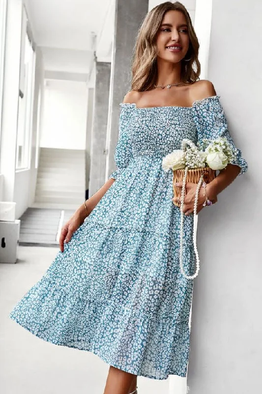 Prairie Off Shoulder Smocked Floral Printed Boho Chic Midi Dress - Teal Fashionable Sheer Sleeve Midi Dress Prairie Off Shoulder Smocked Floral Printed Boho Chic Midi Dress - Teal Fashionable Sheer Sleeve Midi Dress