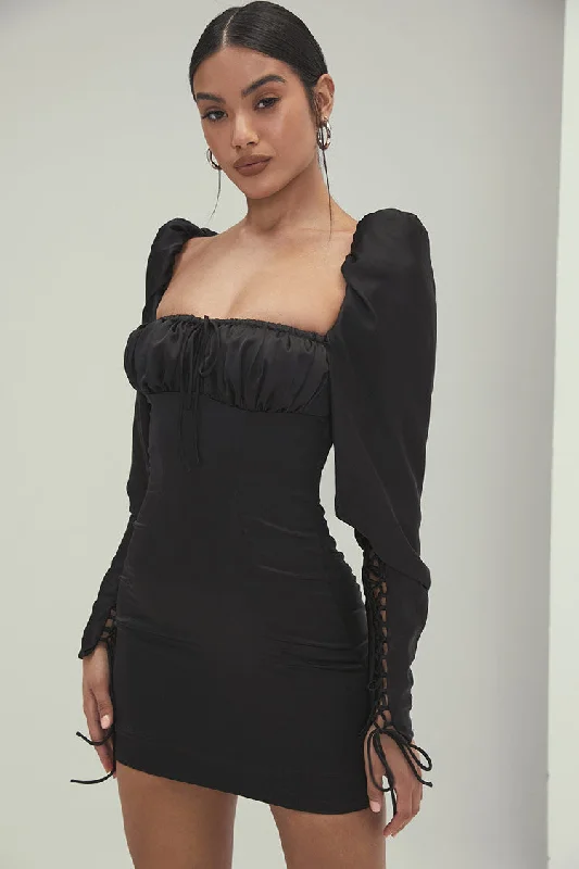 Puff Sleeve Self Tie Square Neck Bodycon Mini Dress - Black Comfortable Shift Mini Dress Puff Sleeve Self Tie Square Neck Bodycon Mini Dress - Black Comfortable Shift Mini Dress