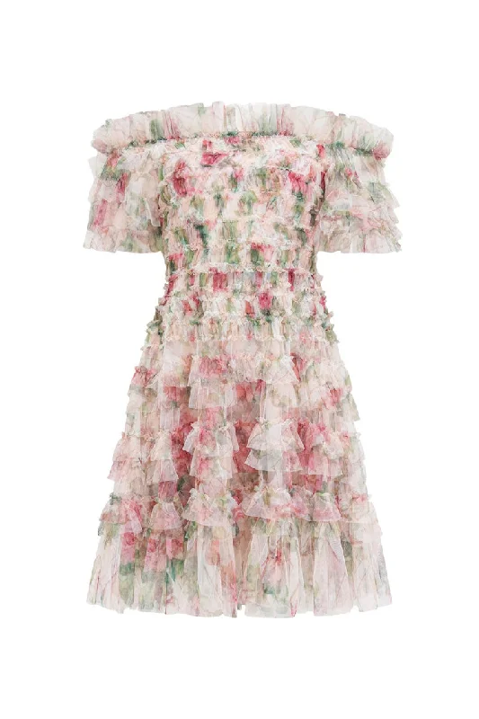Romantic Floral Printed Off Shoulder Tulle Tiered Ruffle Party Mini Dress Fashionable Mini Dress with Pockets Romantic Floral Printed Off Shoulder Tulle Tiered Ruffle Party Mini Dress Fashionable Mini Dress with Pockets