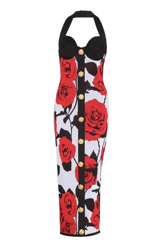Romantic Halter Bustier Metallic Rose Jacquard Bandage Cocktail Midi Dress Classic Black Midi Dress Romantic Halter Bustier Metallic Rose Jacquard Bandage Cocktail Midi Dress Classic Black Midi Dress
