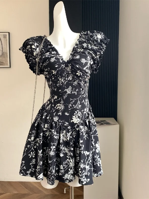 Ruched Floral Puff Sleeve V-Neck Mini Dress Stylish Button-Down Mini Dress
