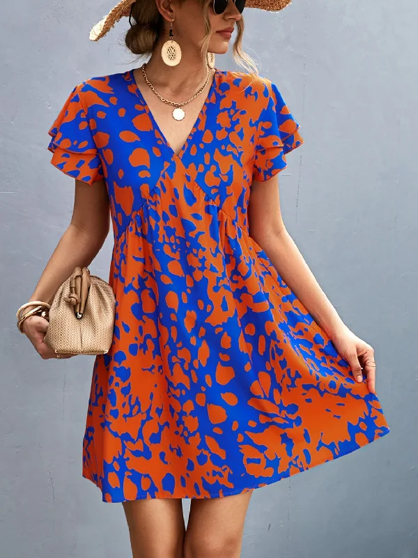 Ruffled Printed V-Neck Short Sleeve Mini Dress in Orange-Red Classic Black Mini Dress Ruffled Printed V-Neck Short Sleeve Mini Dress in Orange-Red Classic Black Mini Dress