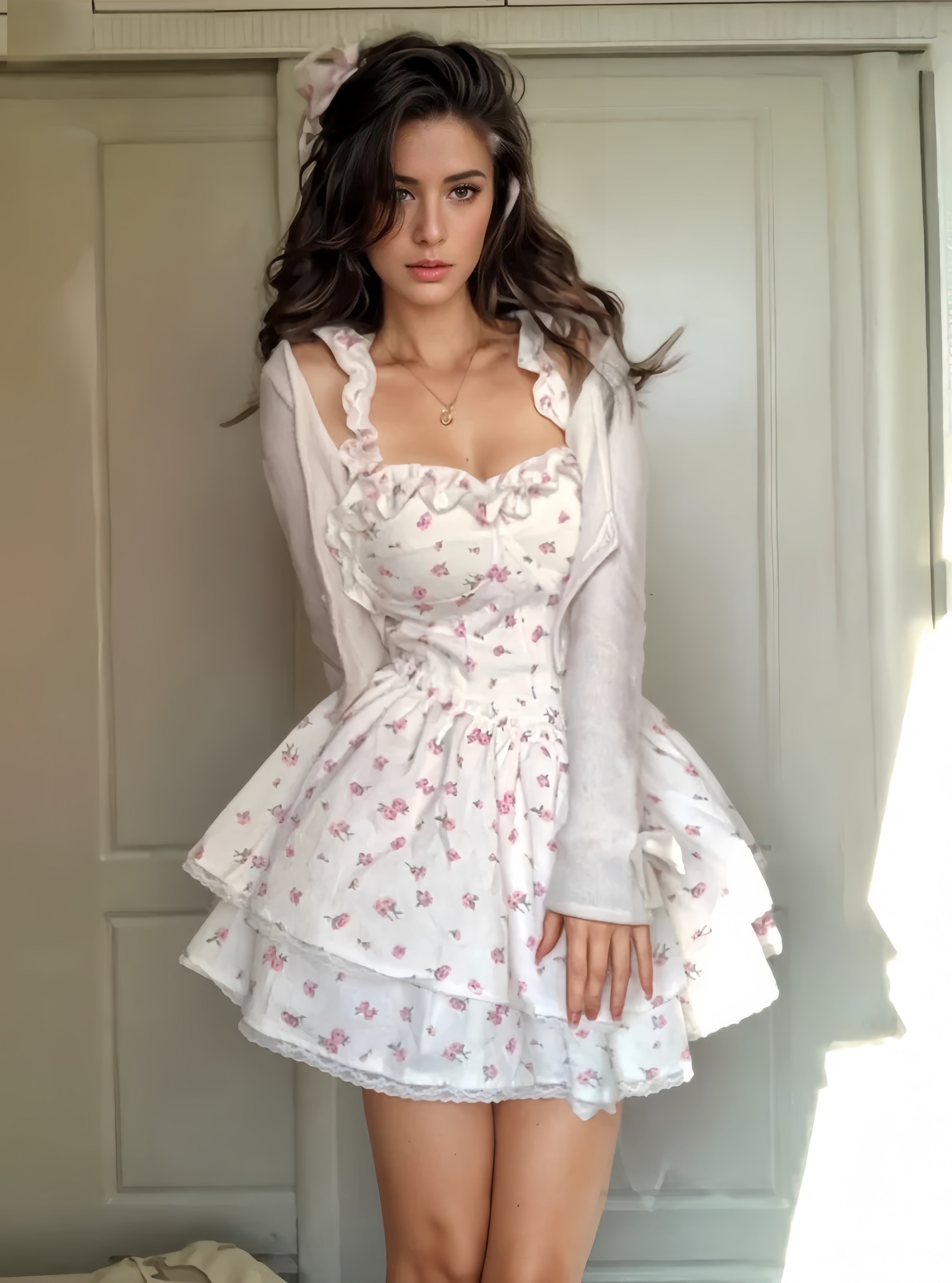 Ruffles Chiffon Print Short Mini Dress Elegant Satin Lace Mini Dress