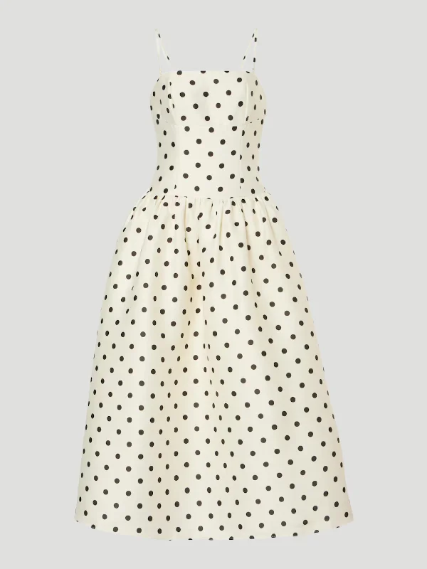 Polka Dot Taffeta Midi Dress in Cream Fashionable Pleated Midi Dress