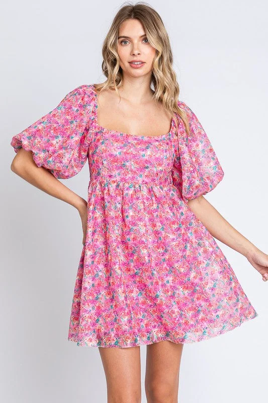 Sequin Floral Babydoll Mini Dress Fashionable Lace-Trim Mini Dress