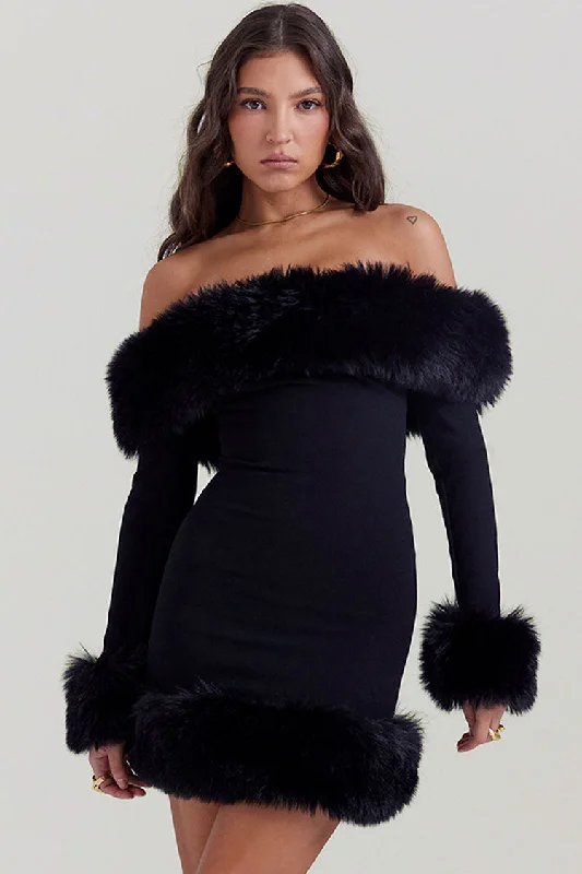 Sexy Faux Fur Off The Shoulder Long Sleeve Winter Bodycon Party Mini Dress - Black Cozy Knit Mini Dress Sexy Faux Fur Off The Shoulder Long Sleeve Winter Bodycon Party Mini Dress - Black Cozy Knit Mini Dress