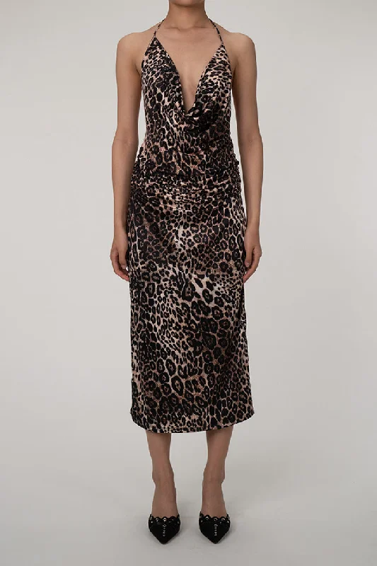 Sexy Leopard Cowl Neck Halter Tie Sleeveless Ruched Cocktail Midi Dress Stylish Pleated Skirt Midi Dress Sexy Leopard Cowl Neck Halter Tie Sleeveless Ruched Cocktail Midi Dress Stylish Pleated Skirt Midi Dress