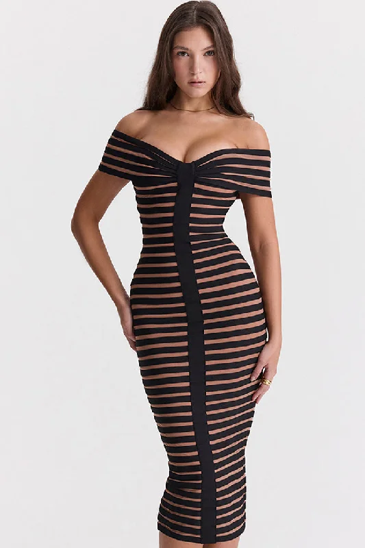 Sexy Off Shoulder Contrast Striped Bandage Cocktail Party Midi Dress - Black Trendy Shift Midi Dress Sexy Off Shoulder Contrast Striped Bandage Cocktail Party Midi Dress - Black Trendy Shift Midi Dress