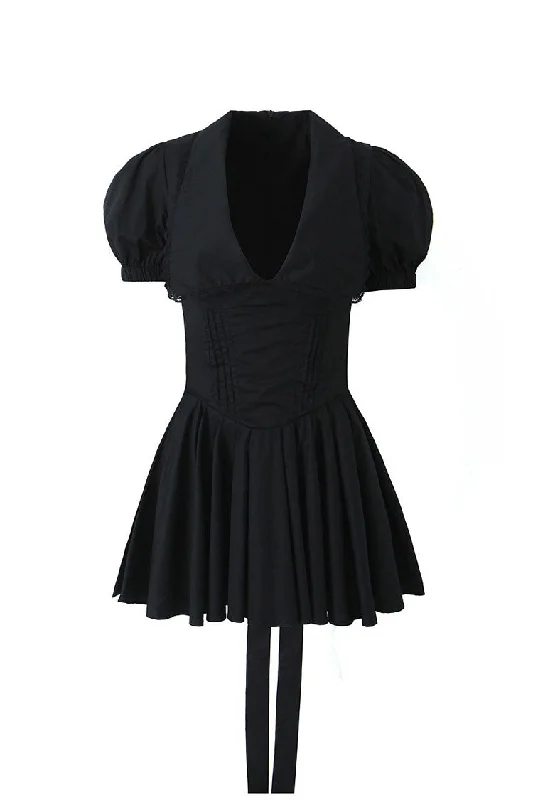 Sexy Plunge Collar Puff Sleeve Drop Waist Pleated Bow Tie Party Mini Dress Cozy Cotton Mini Dress Sexy Plunge Collar Puff Sleeve Drop Waist Pleated Bow Tie Party Mini Dress Cozy Cotton Mini Dress