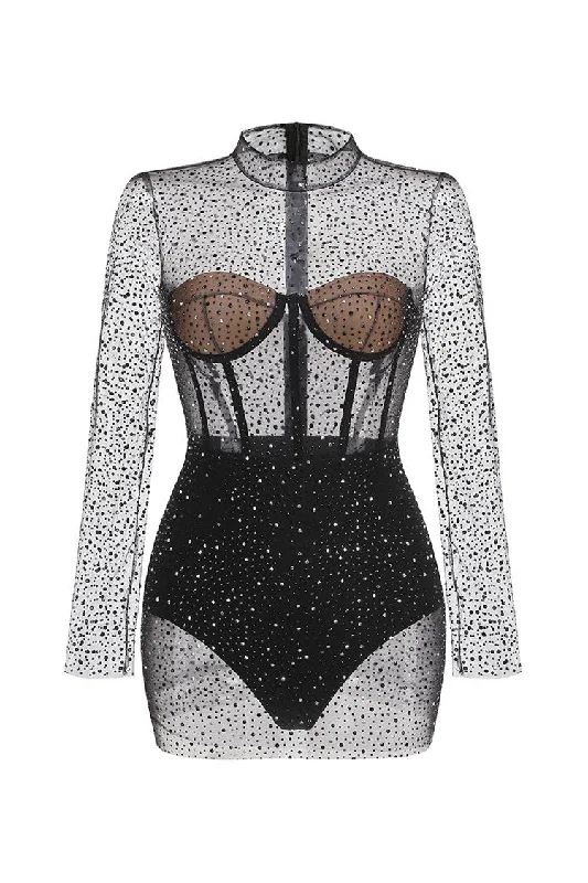 Sexy Sheer Mesh Mock Neck Bustier Bodycon Rhinestone Club Romper Mini Dress Stylish Short Sleeve Mini Dress Sexy Sheer Mesh Mock Neck Bustier Bodycon Rhinestone Club Romper Mini Dress Stylish Short Sleeve Mini Dress