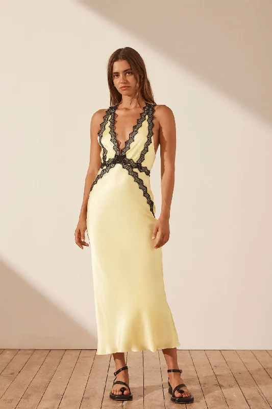SHONA JOY CAMILLE LACE CROSS BACK MIDI DRESS - LIMONCELLO/ BLACK Fashionable High-Neck Midi Dress SHONA JOY CAMILLE LACE CROSS BACK MIDI DRESS - LIMONCELLO/ BLACK Fashionable High-Neck Midi Dress