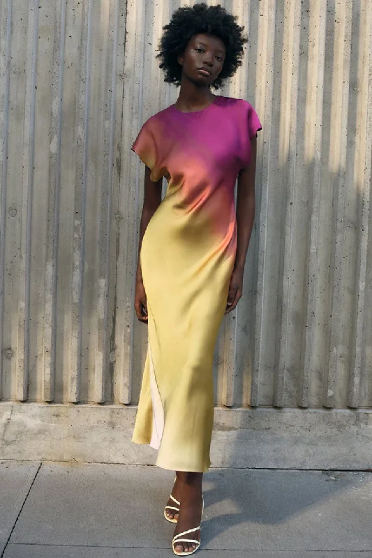 Silky Round Neck Cap Sleeve Tie Dye Printed Satin Midi Dress - Multicolor Fashionable Pencil Midi Dress Silky Round Neck Cap Sleeve Tie Dye Printed Satin Midi Dress - Multicolor Fashionable Pencil Midi Dress