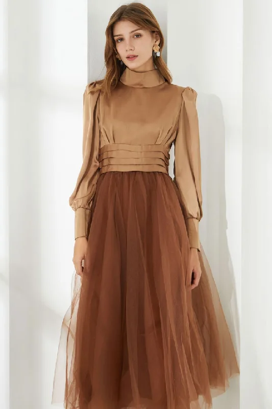 Silky Satin High Neck Long Sleeve High Waist Tulle Cocktail Midi Dress - Khaki Trendy Tiered Hem Midi Dress Silky Satin High Neck Long Sleeve High Waist Tulle Cocktail Midi Dress - Khaki Trendy Tiered Hem Midi Dress