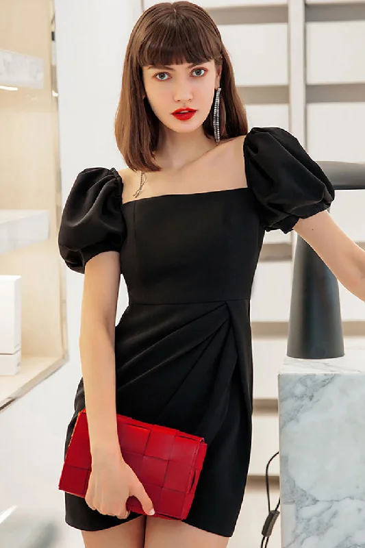 Silky Satin Square Neck Puff Sleeve Pleated Trim Party Mini Dress - Black Cozy Satin Mini Dress Silky Satin Square Neck Puff Sleeve Pleated Trim Party Mini Dress - Black Cozy Satin Mini Dress