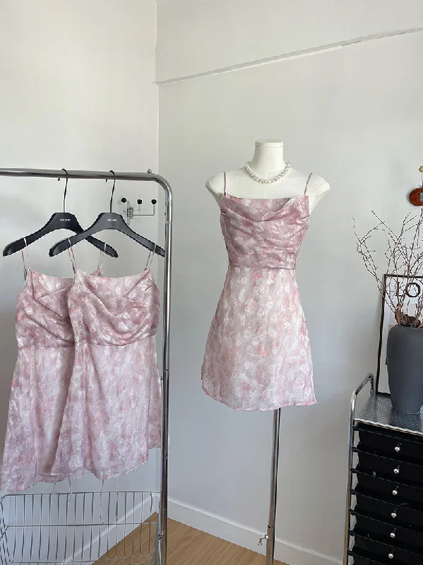 Spaghetti Straps Delicate Floral Pink Mini Dress Fashionable Mini Dress with Slits