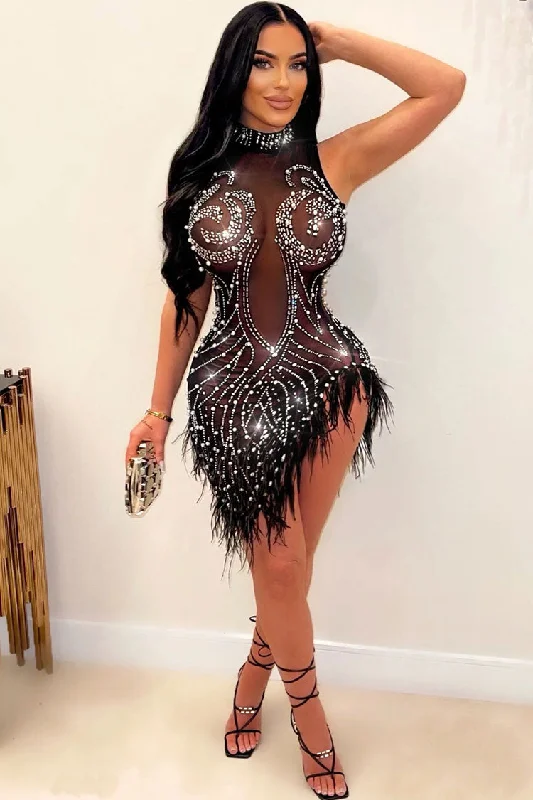 Sparkly Crystal Beaded Sleeveless Sheer Mesh Feather Club Mini Dress - Black Fashionable Mini Dress with Slits Sparkly Crystal Beaded Sleeveless Sheer Mesh Feather Club Mini Dress - Black Fashionable Mini Dress with Slits