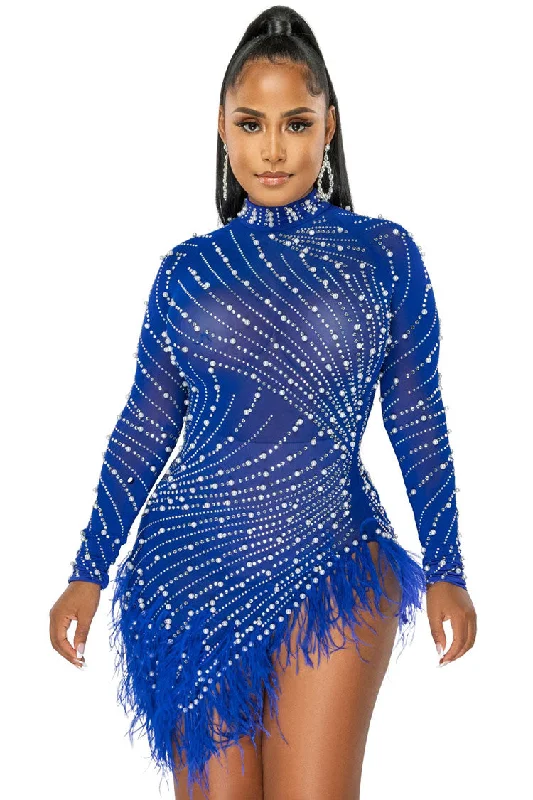 Sparkly Crystal High Neck Sheer Mesh Bodycon Feather Party Mini Dress - Blue Fashionable Mini Dress with Frills Sparkly Crystal High Neck Sheer Mesh Bodycon Feather Party Mini Dress - Blue Fashionable Mini Dress with Frills